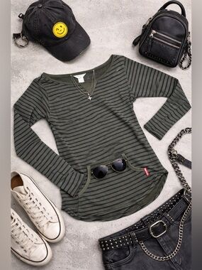 Vintage Hard Tail Striped Kangaroo Pocket Sweatshirt Top XS Olive Green Y2K